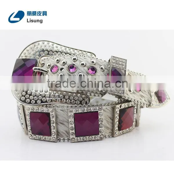 Purple Crystal Full Rhinestone Buckle Horse Hair Hide Western Cowgirl Belt photo-4