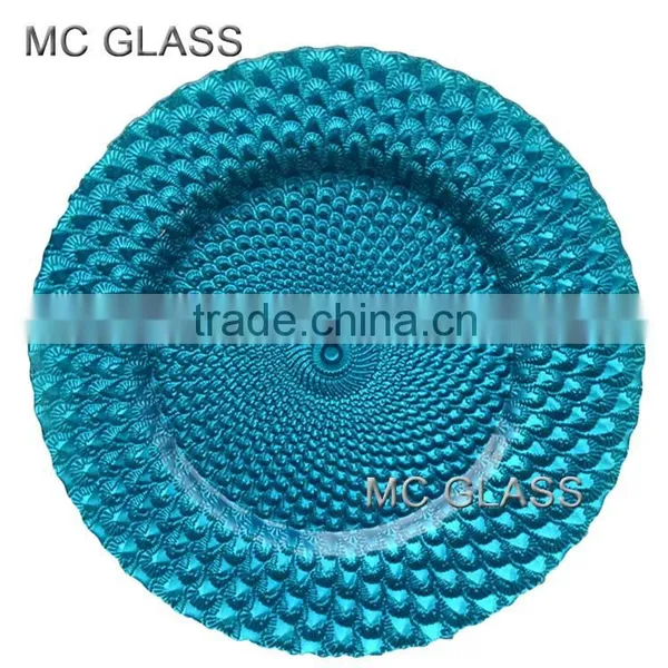 Wholesale Fancy Cheap Wedding Blue Gold Glass Charger Plate for Engagement