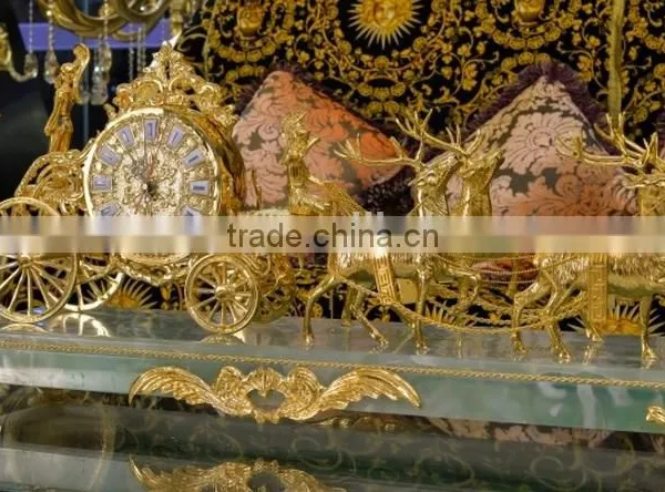 Solid Gilt Copper Table Clock, Empire Gold Plated Clock, Decorative Clock, Sitting On Cart Driven by Two Horses photo-5