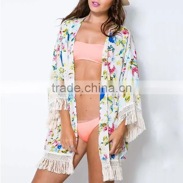 Chiffon Tassel Cardigan Cover-up Tops Women Floral Print Blouse Summer Swimwear Bikini Beach Cover Up Tops for Sexy Women photo-2