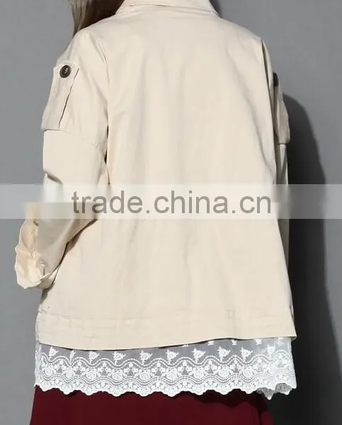 Beige Color Concealed Zip Button Closured Front Women Short Plus Size Coat With Lace photo-3