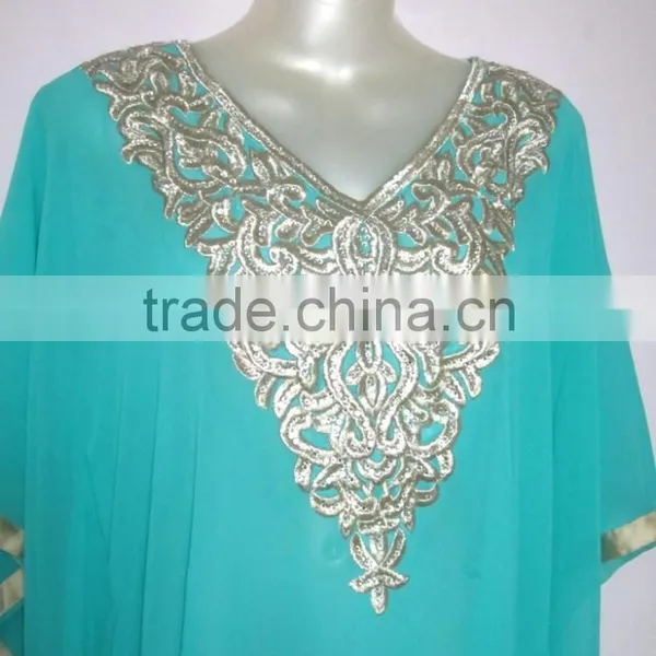 AQUA BLUE EMBROIDERED Georgette CAFTAN Kaftan Tunic Poncho Zip Cover up photo-3