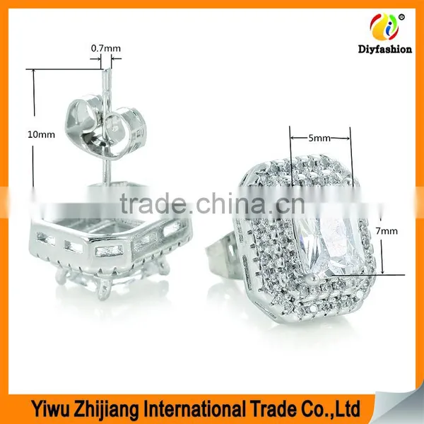 Double Row Diamond Rectangular Platinum Plating Zircon Stud Earring photo-3