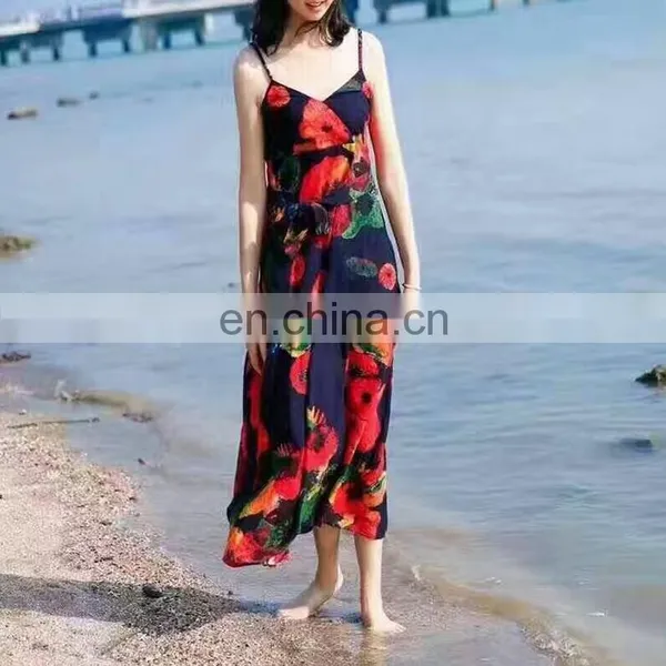 Women Clothing 2017 Floral Print Swimwear Waist Tight Summer Cotton and Linen Beach Wear Hawaii Maxi Boho Style Slip Dress
