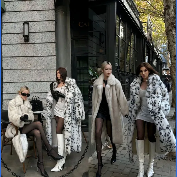 2025 Autumn Winter New Leopard Print Women’s Coat Mid-Length With Suit Collar Faux Fox Fur Overcoat photo-5