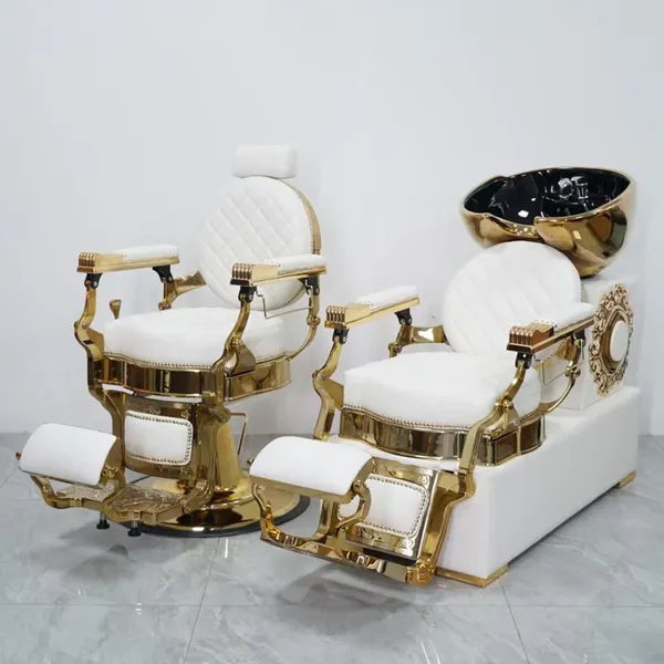 Luxury Beautiful White and Gold Shampoo Chair With Sink & Faucet Reclining Chair for Hair Salon