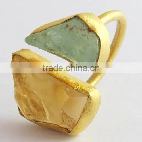 Rough Stone Aquamarine & Ctrine !! 925 Sterling Silver Gold Plated Ring, Silver Jewelry, 925 Silver Jewelry photo-3