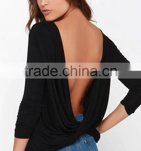 2015 Fashion Lady Long Sleeve Twist Back High Neck Backless Blouse photo-2