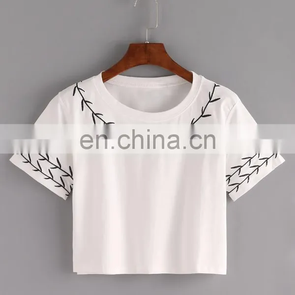 High Quality Branch Embroidered Crop T-shirt Fashion Design Women Short Sleeve Top C13015