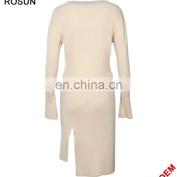 Ladies Cream Bottom Sleeves Cuffs Split Ruffle Dress Sweater photo-2