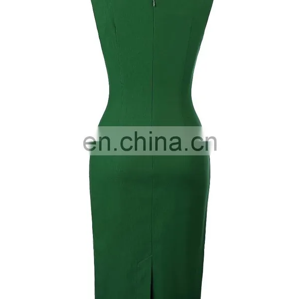 Belle Poque Retro Vintage Slim Fit Sleeveless Hips-Wrapped Bodycon Dark Green Women Business Tight Pencil Dress BP000302-2 photo-4