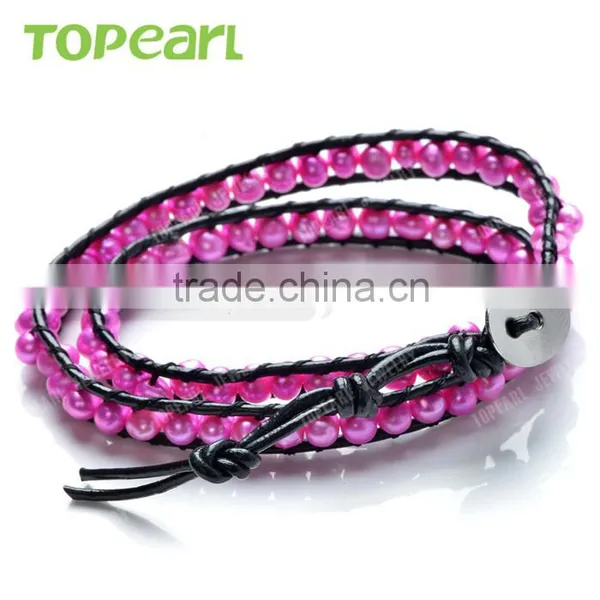 Topearl Jewelry 2016 Popular Potato Shape Rosy Freshwater Pearl Bracelet Woven Leather Wrap New Models Bracelets CLL163 photo-2
