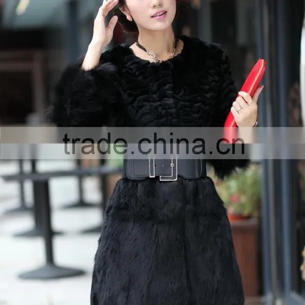 Long Women's 100% Real Rabbit Fur Coat With Fox Fur Cuff photo-3