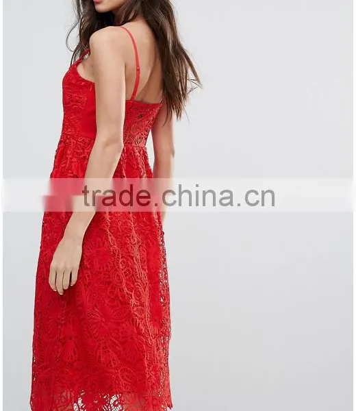 Clothing OEM Shiny Red Lady Women Midi Dresses Prom Lace Dresses photo-2