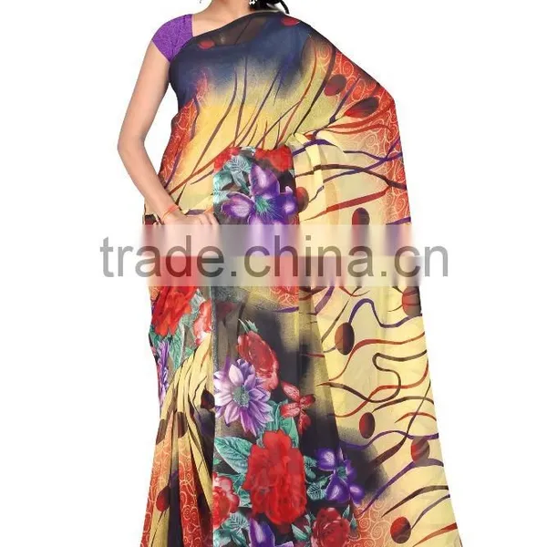 Beige & Black Colored Georgette Satin Printed Saree. photo-4