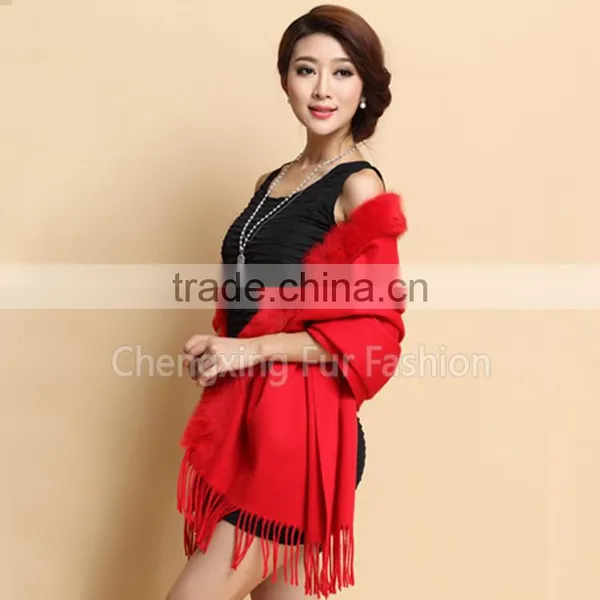 CX-B-P-41B Fur Trim Decora Fashion Women Pashmina Shawl With Fur photo-2