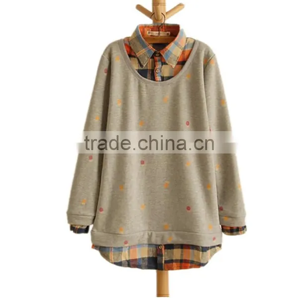 Spring and Autumn Lovely Printed Fake 2pcs Long Sleeve Blouse Designs Fashion Women Plaid Shirt photo-3