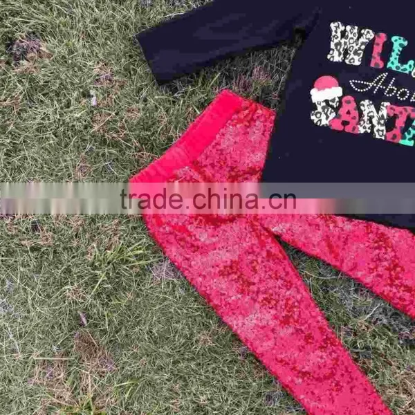 Baby Clothes Girls Cute WILD ABOUT SANTA Black Outfits Kids Red Sequins Pant Sets Kids Long Sleeve Sets With Leopard Headband photo-3