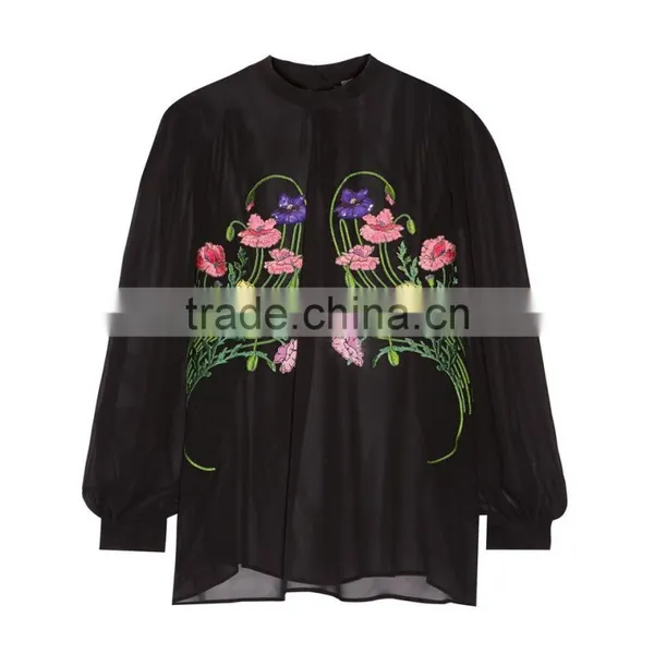 New Model Embroidery Patch Back Neck Elegant Design Long Sleeve New Women Blouses Design Chiffon Blouse photo-3