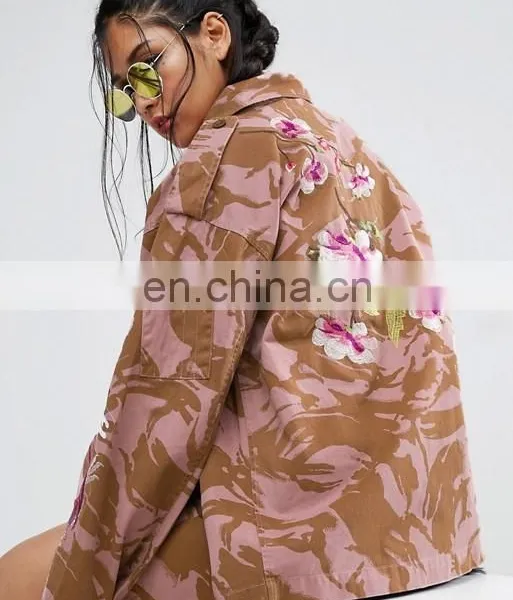 Fashion Latest Design Embroidery Long Sleeve Midweight Woven Button-flap Women 100%cotton Camouflage Camo Print Jacket photo-3