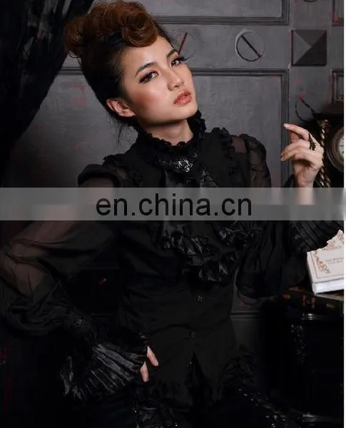 Gothic Ruffled High Neck Shirt With Puffed Sleeves and Jabot With Brooch photo-6