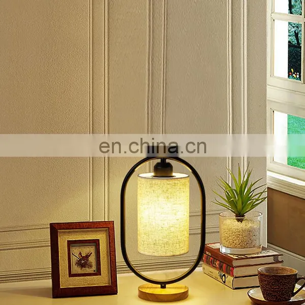 Tonghua New Linen Shade Metal Frame Round Wood Base Modern LED Edison Bulb Table Lamp Bedside Desk Light photo-4