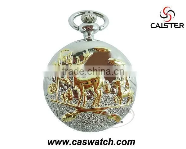Classic Pattern Gold-plated Forest Deer Pocket Watch With Jeans Chain