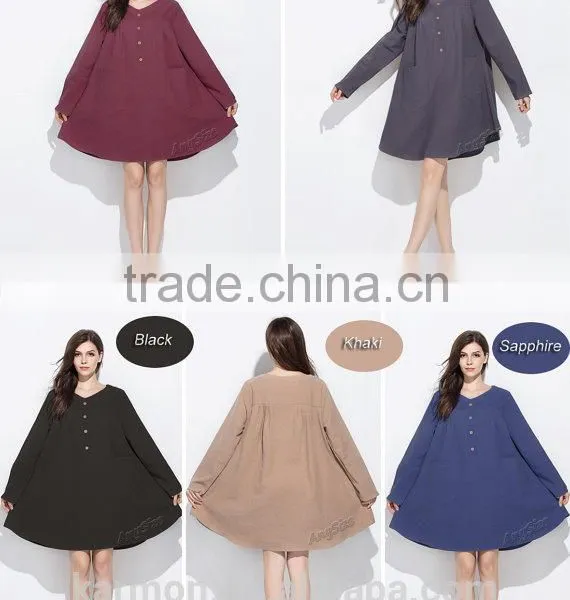 Sunflower Coconut Shell Buttons Casual Linen Dress Plus Size Dress photo-4