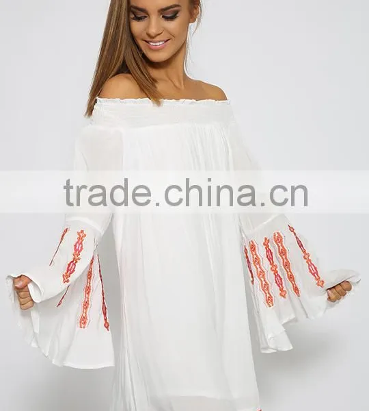 Hot-selling Off Shoulder Butterfly Sleeve Embroidered Stitch Tunic Dress photo-3