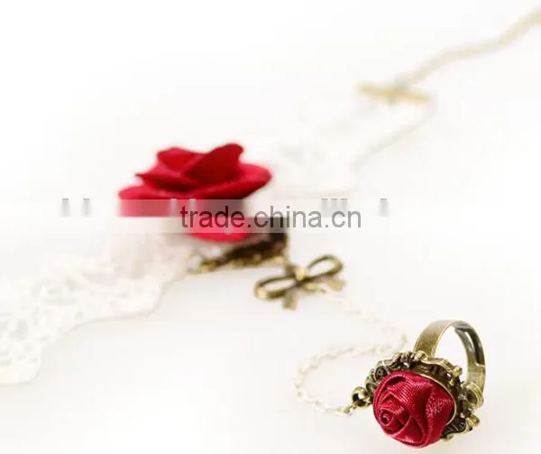 National Bowknot Ring Jewelry Set Handmade White Lace Girls Rose Bracelet Sets photo-4