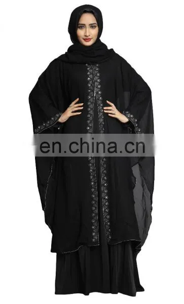 2017 Dubai Abaya Style Free Size Chiffon Shrug With Hood Cap + Plain Lycra Burkha + Chiffon Dupatta With Lace photo-5