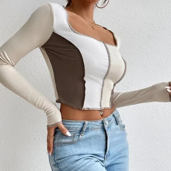 Women Top-stitching Square Neck Crop Tee