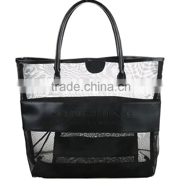 Wholesale Classic High Quality Beach Tote Black Mesh PU Large Beach Bag/Tote Bag/Shopping Bag