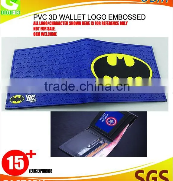 2016 Custom High Quality PU 3D Pvc Embossed Logo Promotion Wallet