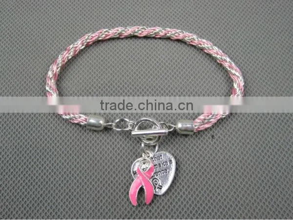 2015 New Pink Ribbon Breast Cancer Awareness Toggle Cross Cord Charm Bracelet With Silver-plated Heart
