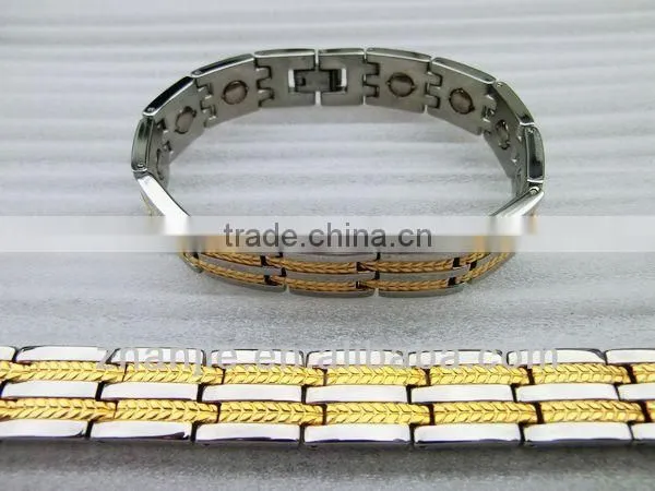 Broad Wide Gold Plated Wheat Pattern Titanium Bracelet With Germanium Stones