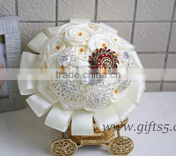 Amazing Wedding Bouquet With Rhinestones Beadings Pearls and Glaring Jewels Satin Ribbon Bow Knot photo-4