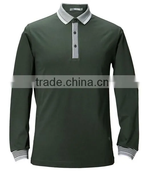 Striped Collar Three Button Placket Mens Long Sleeves Polo Shirt photo-2
