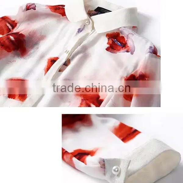 2015 New Fashion Casual OEM Long Sleeve Front Open Blouse Shirt Girls Print Chiffon Blouse With Mandarin Collar photo-4
