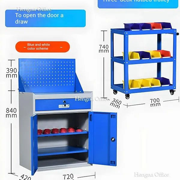 Steel Tool Storage Cart With Adjustable Shelves, Universal Wheels and Tool Tray for Construction Site and DIY Garage | Hengna Office photo-4