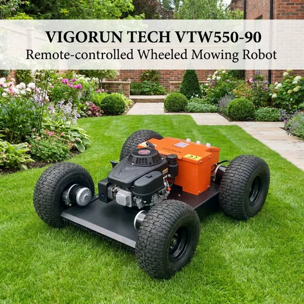 Робот-ковальщик на колесах VTW550-90 с дистанционным управлением. Ширина среза: 550 мм. Скорость передвижения: 0 - 6 км/ч. Для стрижки склоновых газонов