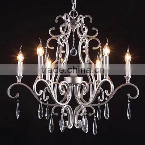 Rustic Brown Color Candle Lights Unique Iron Armed Chandelier With Hanging Crystal