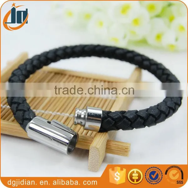 Fashion Rose Gold Bracelet and Black Leather Stainless Steel Bangle photo-6