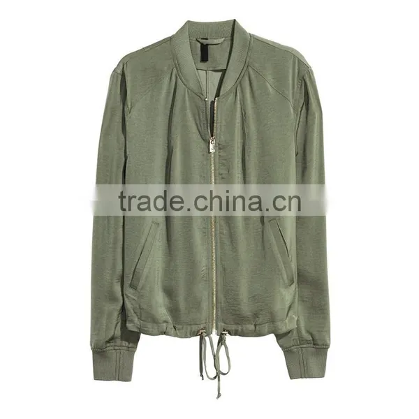 Khaki Green Soft Ribbed Collar Zip Bomber Jacket Womens Thin Coats and Jackets photo-4