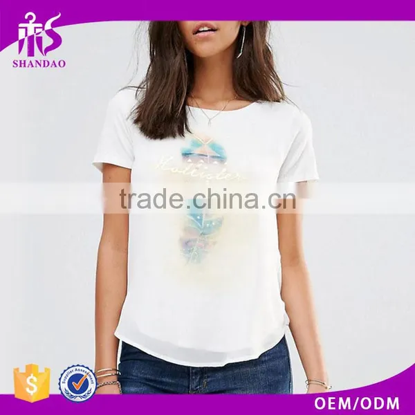 Guangzhou High Quality Sport Casual O-Neck Short Sleeve Curved Hem White 180g 100% Polyester Chiffon Ladies T Shirt