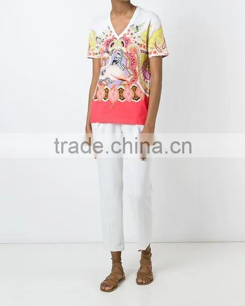Custom Womens White 100 Cotton Printed t Shirts,Top Quality Short Sleeve V Neck Printed T Shirts For Women photo-3