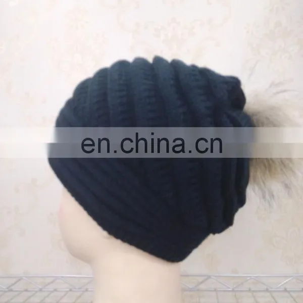 New Style Fashion Wool Knitted With Raccoon Fur Pompom Beanie Hat photo-6