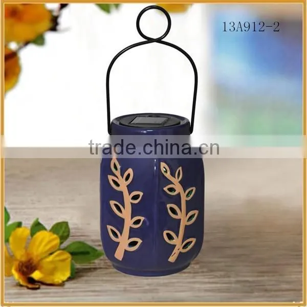 Blue Ceramic Lantern Led Solar Lights Exterior for Garden Crafts