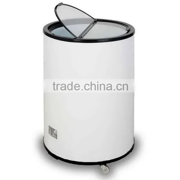 40/65/77/85 Litre Outdoor Promotional Top Open Glass Door Commercial Round Can Shape Cooler Fridge With Wheels photo-2