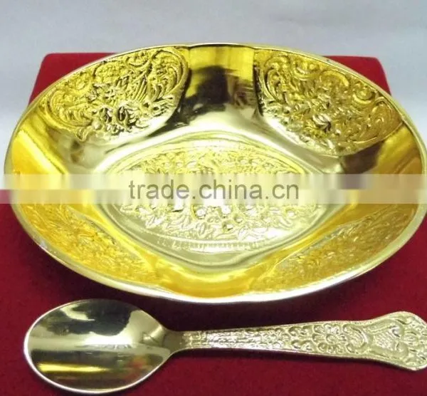 Promotional Gift, Corporate Gift, Beautiful Wedding Gift Gold Plated Brass Bowl Spoon Set photo-2